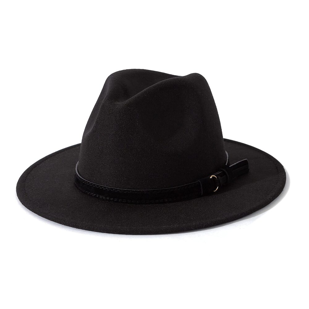 9768 & Vintage Wide Brim Fedora Hat with Belt Buckle B-Black, L; Hat